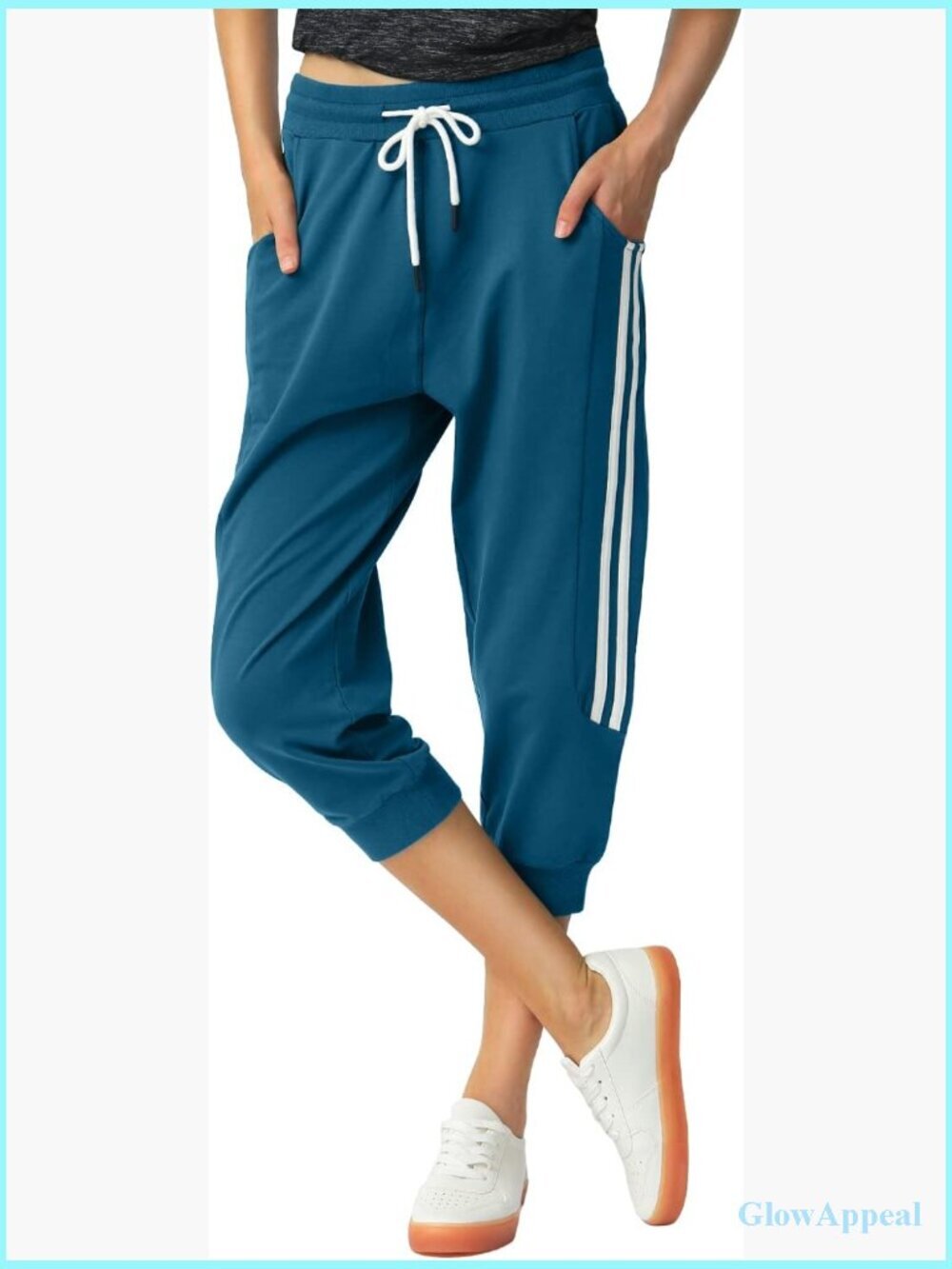 Capri Joggers with Pockets, Cotton Sweatpants, Elastic Waist Drawstring, Summer